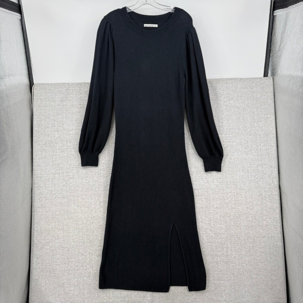 Abercrombie & Fitch Midi Sweater Dress Women M Black Ribbed Puff Sleeve Slit
